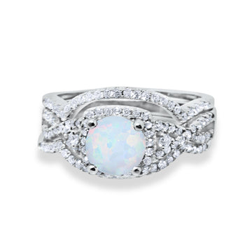 Trio Set Piece Wedding Ring Lab White Opal Round CZ 925 Sterling Silver